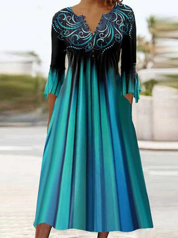 20223 Női új, határokon átnyúló európai és amerikai divatos tavaszi és nyári trombitamintás, hét ujjú, V-nyakú, gombos, rakott női ruha