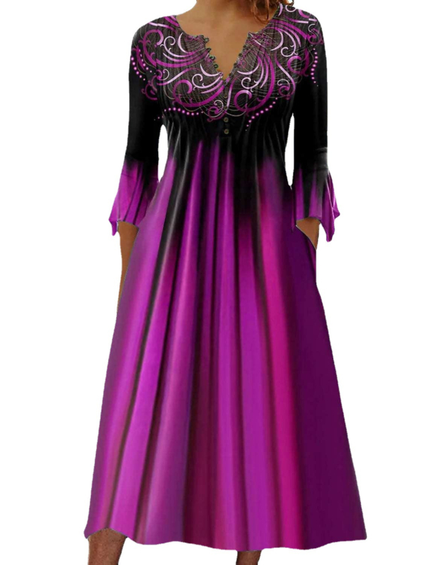 20223 Női új, határokon átnyúló európai és amerikai divatos tavaszi és nyári trombitamintás, hét ujjú, V-nyakú, gombos, rakott női ruha