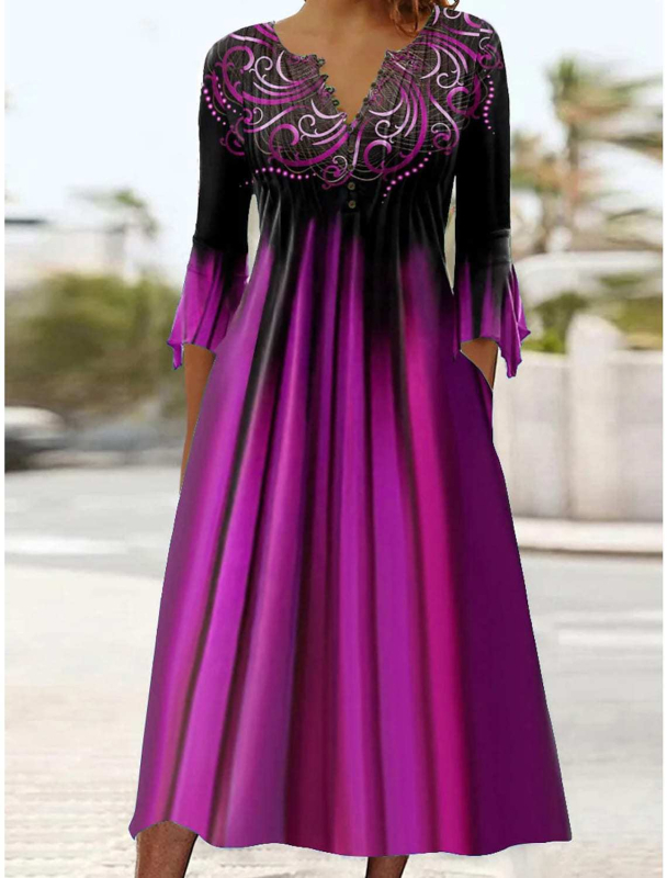 20223 Női új, határokon átnyúló európai és amerikai divatos tavaszi és nyári trombitamintás, hét ujjú, V-nyakú, gombos, rakott női ruha