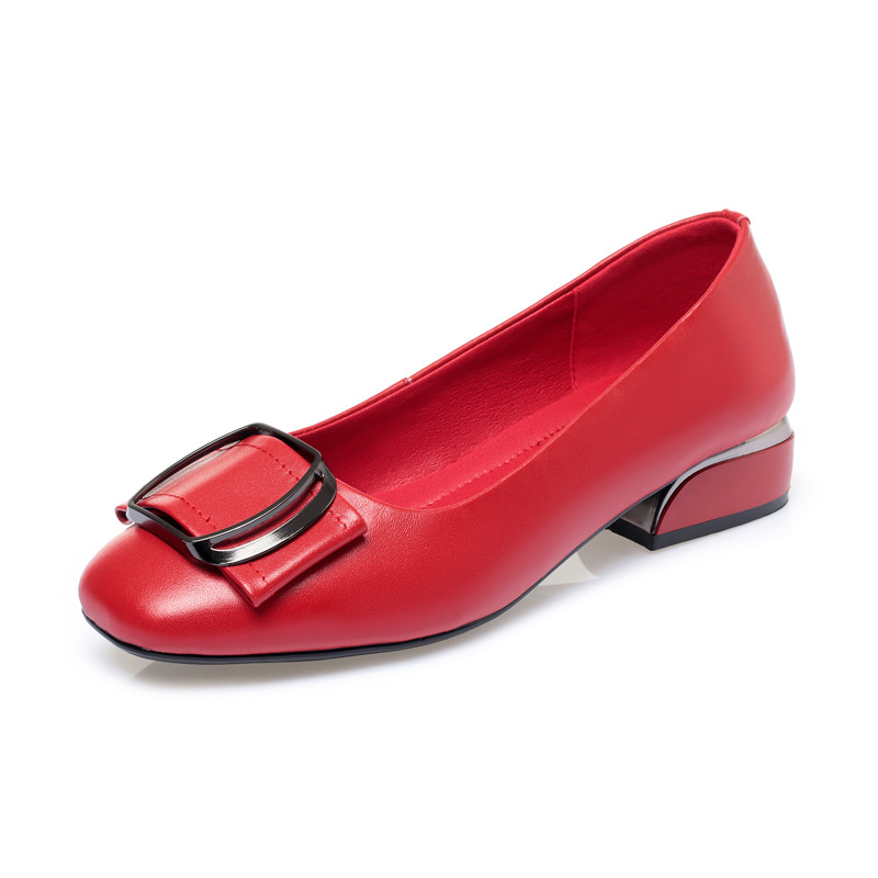 Παπούτσια Leap Moon 20 Άνοιξη Νέα γυναικεία μονόχρωμα δερμάτινα παπούτσια από γνήσιο δέρμα, με μεσαίο τακούνι και χοντρό τακούνι, casual παπούτσια για γάμους WNN8089 μεγάλα μεγέθη