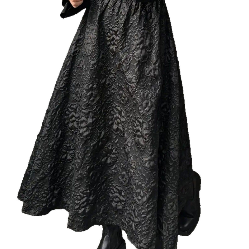 Proljetna i jesenska crna trodimenzionalna reljefna žakard cvjetna suknja Niša univerzalna suknja s kišobranom koja prekriva bokove Suknja A-kroja srednje duljine