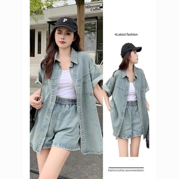 Új kínai divatos nyári rövid ujjú, laza, karcsú, retró farmer felsőruházat, ing, rövidnadrág, kétrészes szett