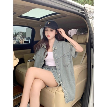 Νέο Κινέζικο Σετ Μόδας Καλοκαιρινό με Κοντομάνικο, Χαλαρό, Λεπτό Ρετρό Τζιν, Πουκάμισο, Σορτς, Σετ Δύο Τεμαχίων