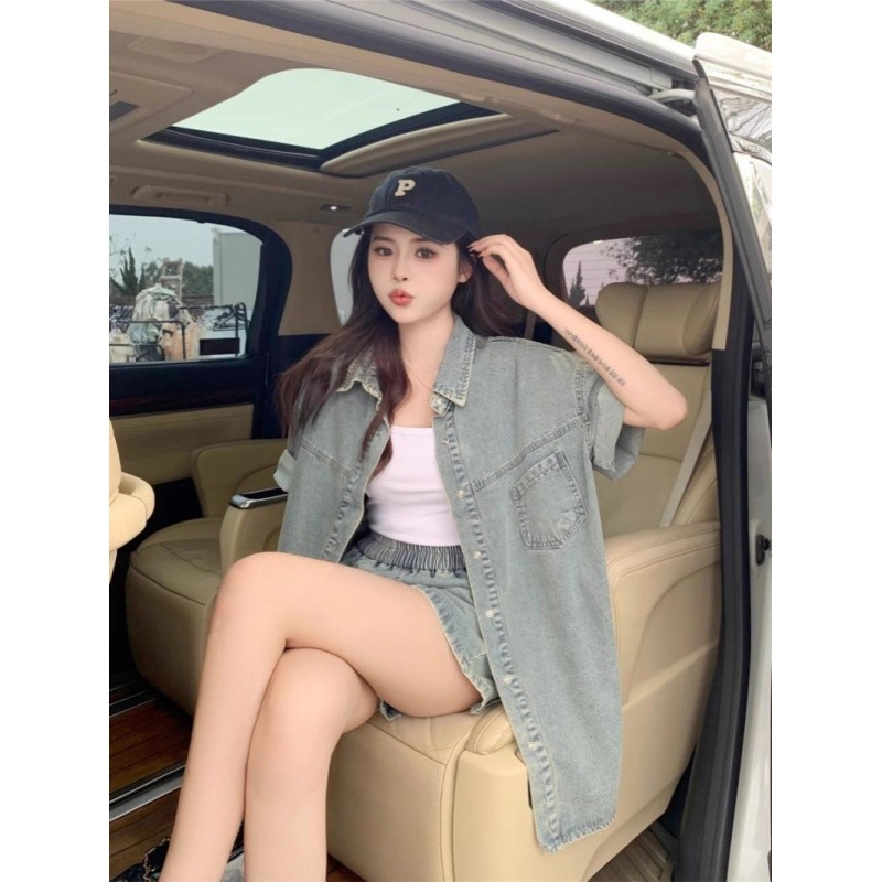 Új kínai divatos nyári rövid ujjú, laza, karcsú, retró farmer felsőruházat, ing, rövidnadrág, kétrészes szett