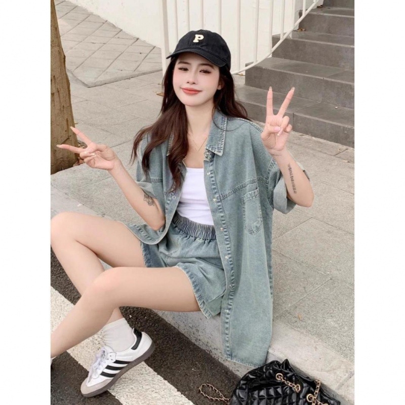 Új kínai divatos nyári rövid ujjú, laza, karcsú, retró farmer felsőruházat, ing, rövidnadrág, kétrészes szett