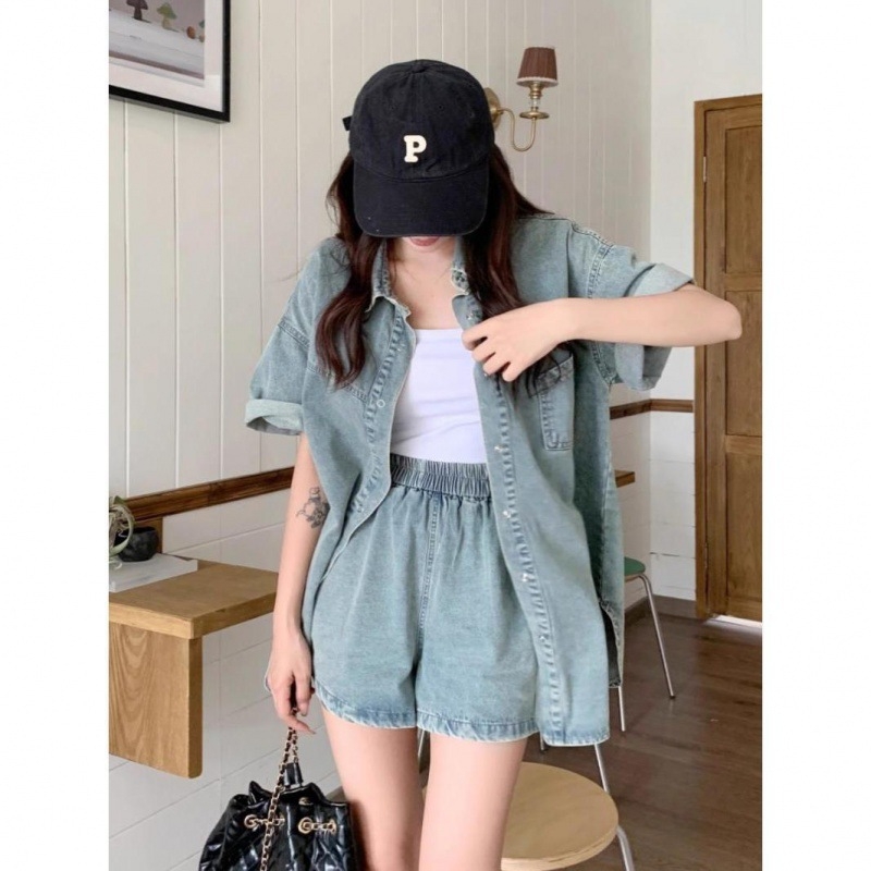 Új kínai divatos nyári rövid ujjú, laza, karcsú, retró farmer felsőruházat, ing, rövidnadrág, kétrészes szett