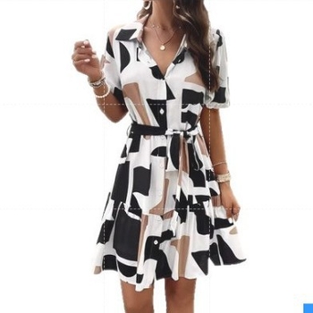 Φόρεμα Cross-Border Amazon 2025 Άνοιξη και Καλοκαίρι Εξαγωγές European and American Κομψή Φούστα με Γεωμετρικό Στάμπα και Κοντά Μανίκια