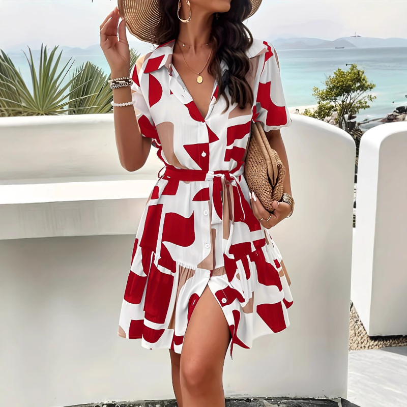 Φόρεμα Cross-Border Amazon 2025 Άνοιξη και Καλοκαίρι Εξαγωγές European and American Κομψή Φούστα με Γεωμετρικό Στάμπα και Κοντά Μανίκια