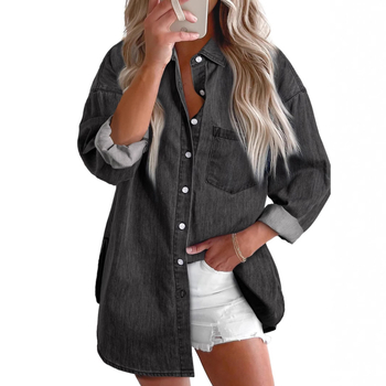 Μοντέρνο γυναικείο τζιν πουκάμισο με κουμπιά και μακριά μανίκια και λαιμόκοψη V, casual τοπ