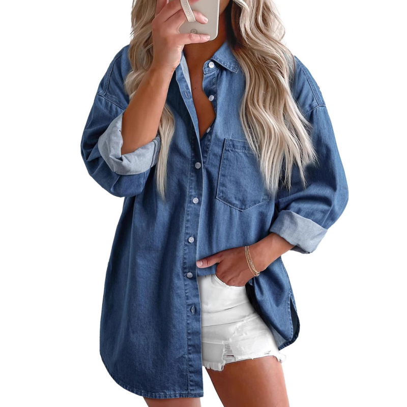 Divatos női farmer ing, hosszú ujjú, V-nyakú, lezser felső