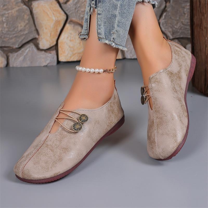 Határokon átnyúló, nagy méretű, gombos mokaszinok nőknek, 2025 tavaszi puha bőr lapos, kerek orrú, bebújós mokaszinok, lélegző