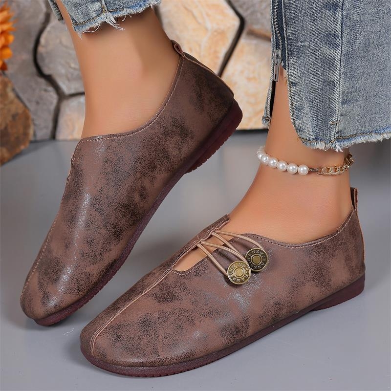 Határokon átnyúló, nagy méretű, gombos mokaszinok nőknek, 2025 tavaszi puha bőr lapos, kerek orrú, bebújós mokaszinok, lélegző
