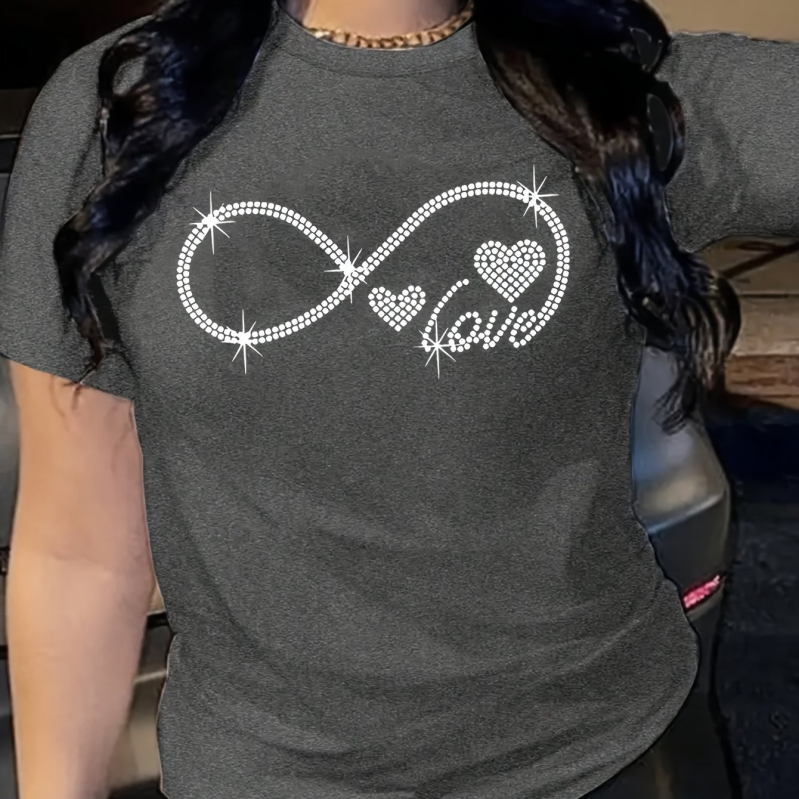 Női divatos végtelen és szív mintás póló - hétköznapi viselet