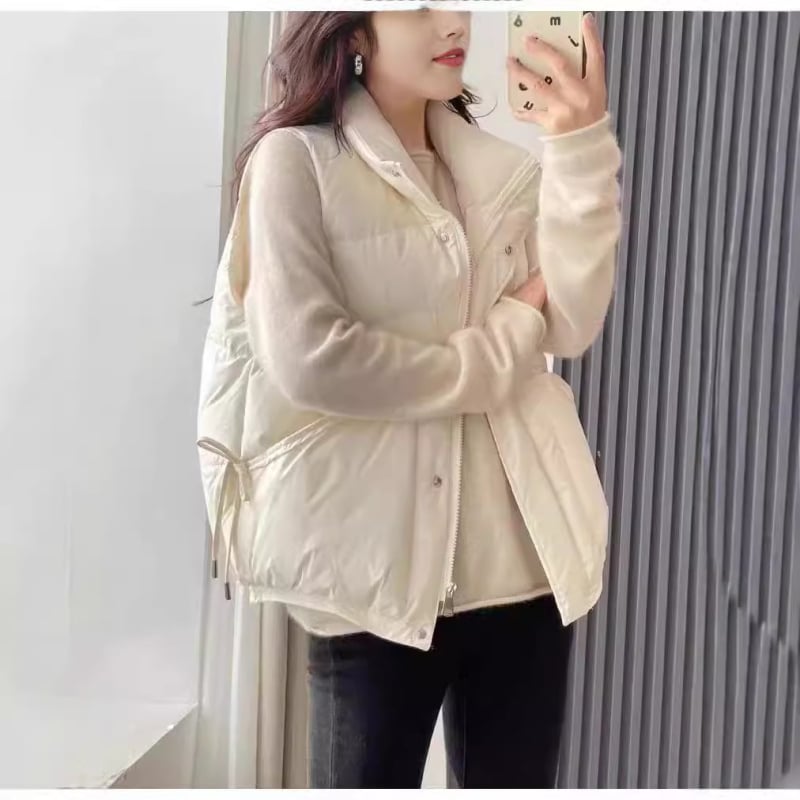 2024 m. žieminė nauja pūkinė liemenė moterims, madinga, suvarstoma apykakle, laisvalaikio stiliaus, balta, pūkinė, šilta, visų rungtynių, Pinghu