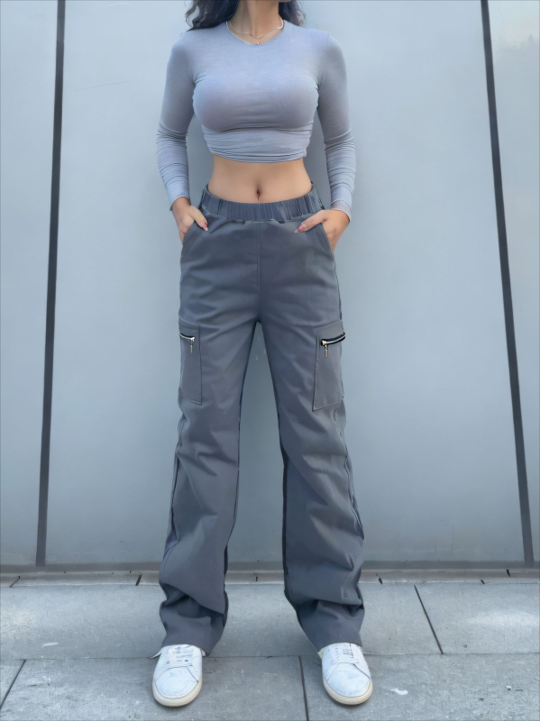 Μοντέρνα Γυναικεία Παντελόνια Διασυνοριακές Εισαγωγές Μοντέρνα Παντελόνια Cargo Παντελόνια με Τσέπες και Φερμουάρ Παντελόνια Street Loose Straight Παντελόνια Μέχρι το Πάτωμα