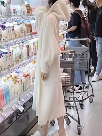 Γυναικείο απαλό, τεμπέλικο, μακρύ μάλλινο παλτό από βελούδο βιζόν, φθινοπωρινό και χειμωνιάτικο, πλεκτό ζακέτα με κουκούλα, απαλό, τεμπέλικο, άνεμο πάνω από το γόνατο