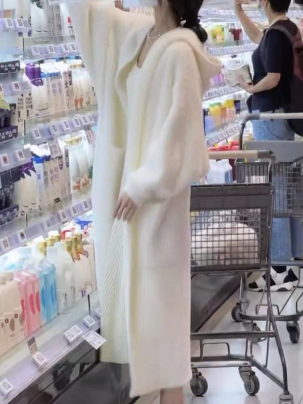 Γυναικείο απαλό, τεμπέλικο, μακρύ μάλλινο παλτό από βελούδο βιζόν, φθινοπωρινό και χειμωνιάτικο, πλεκτό ζακέτα με κουκούλα, απαλό, τεμπέλικο, άνεμο πάνω από το γόνατο