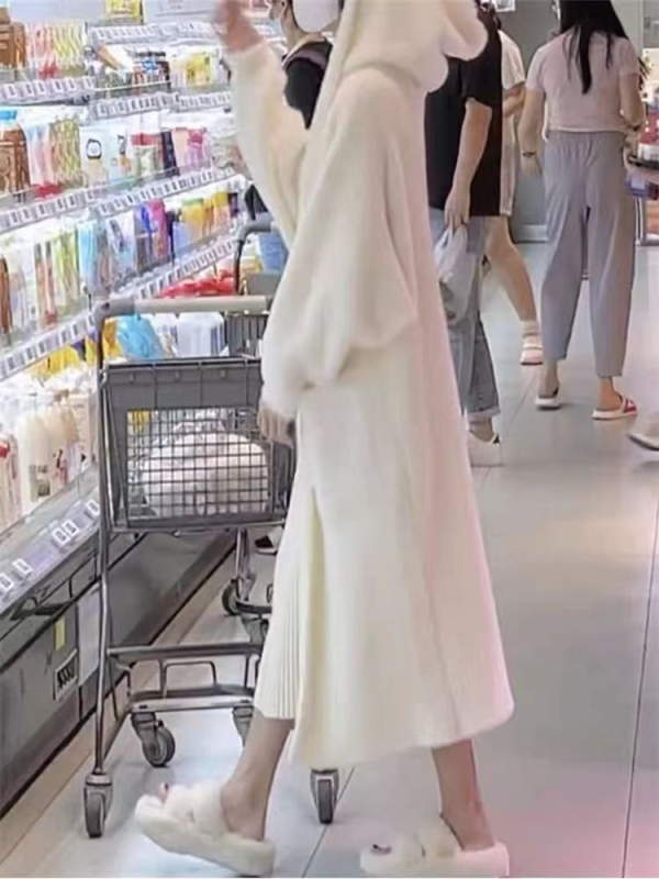 Γυναικείο απαλό, τεμπέλικο, μακρύ μάλλινο παλτό από βελούδο βιζόν, φθινοπωρινό και χειμωνιάτικο, πλεκτό ζακέτα με κουκούλα, απαλό, τεμπέλικο, άνεμο πάνω από το γόνατο