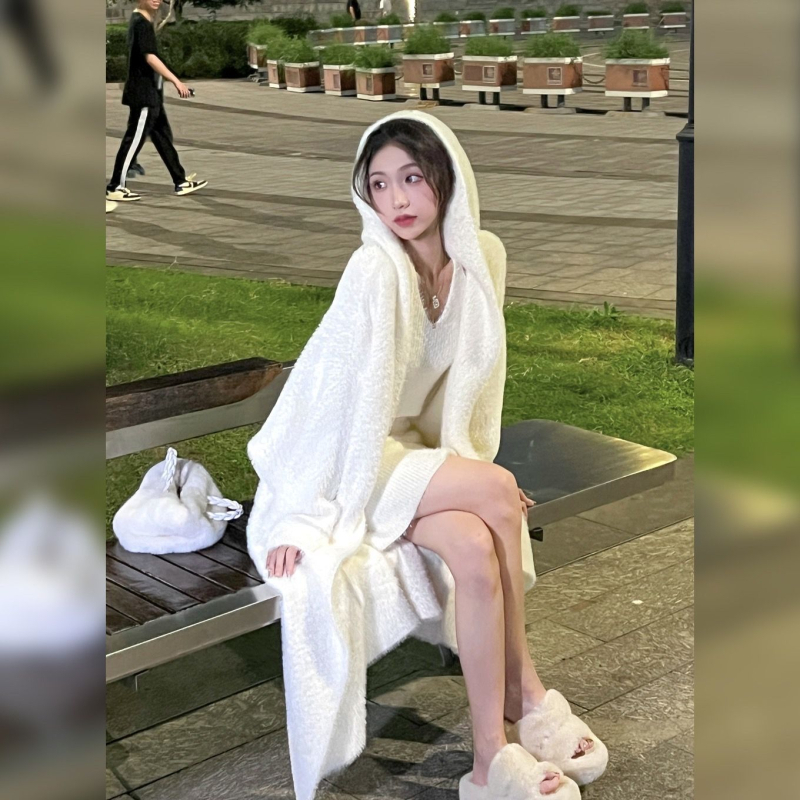 Γυναικείο απαλό, τεμπέλικο, μακρύ μάλλινο παλτό από βελούδο βιζόν, φθινοπωρινό και χειμωνιάτικο, πλεκτό ζακέτα με κουκούλα, απαλό, τεμπέλικο, άνεμο πάνω από το γόνατο