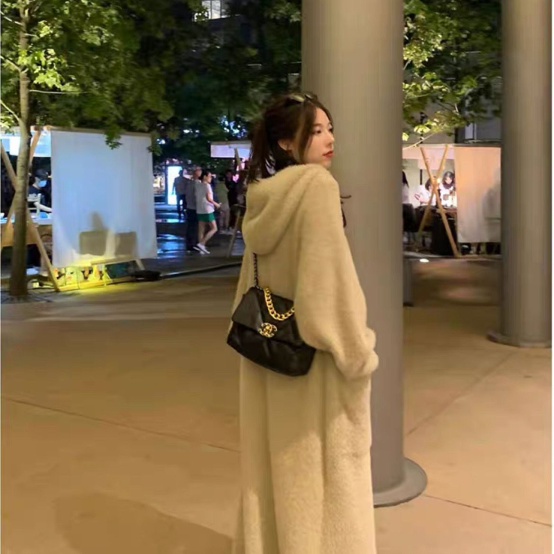 Γυναικείο απαλό, τεμπέλικο, μακρύ μάλλινο παλτό από βελούδο βιζόν, φθινοπωρινό και χειμωνιάτικο, πλεκτό ζακέτα με κουκούλα, απαλό, τεμπέλικο, άνεμο πάνω από το γόνατο