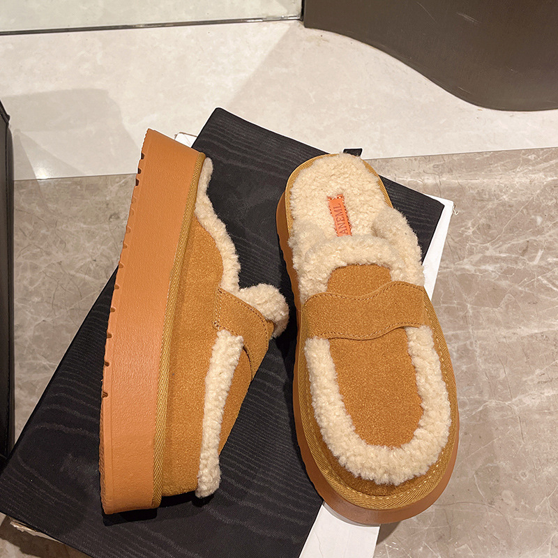 2024 őszi és téli új Baotou félig húzózsinóros női, vastag aljú, polár bélésű, vastagított, csúszásgátló, meleg pamut papucs