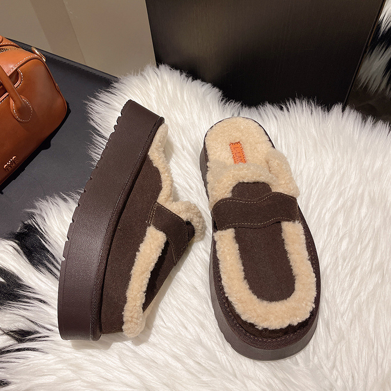 2024 őszi és téli új Baotou félig húzózsinóros női, vastag aljú, polár bélésű, vastagított, csúszásgátló, meleg pamut papucs