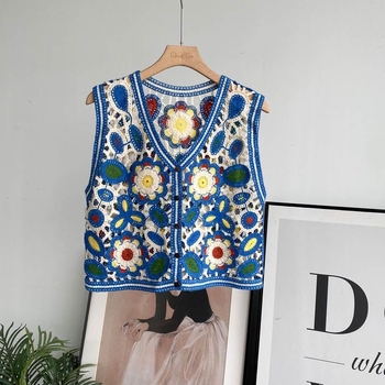 Etninio stiliaus siuvinėtas megztinis su V formos iškirpte, viršutinis dėvėjimas, tuščiavidurė, trumpa liemenė be rankovių moterims