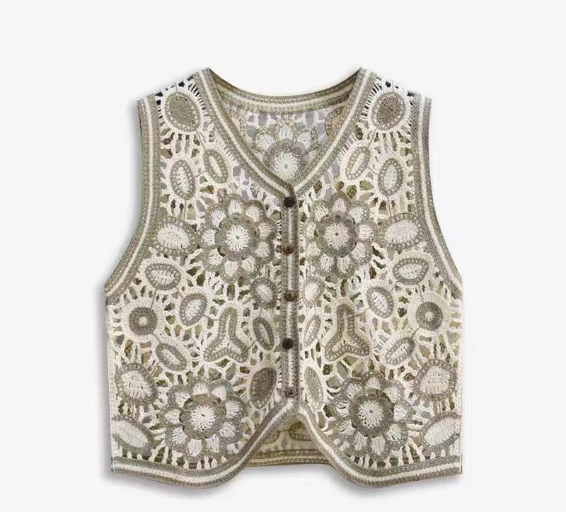 Etninio stiliaus siuvinėtas megztinis su V formos iškirpte, viršutinis dėvėjimas, tuščiavidurė, trumpa liemenė be rankovių moterims