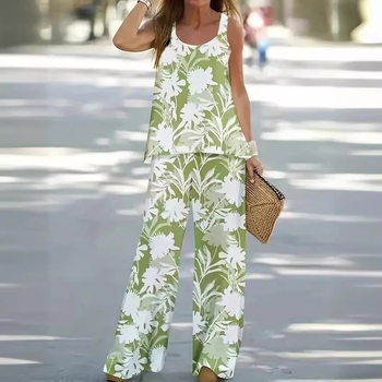 Új, lezser, divatos, kerek nyakú mellény, nadrág szett, ujjatlan felső, 3D növényi digitális nyomtatással, gyári egyenes hajjal