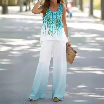 Új, lezser, divatos, kerek nyakú mellény, nadrág szett, ujjatlan felső, 3D növényi digitális nyomtatással, gyári egyenes hajjal