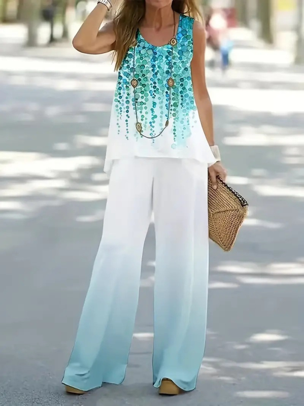 Új, lezser, divatos, kerek nyakú mellény, nadrág szett, ujjatlan felső, 3D növényi digitális nyomtatással, gyári egyenes hajjal