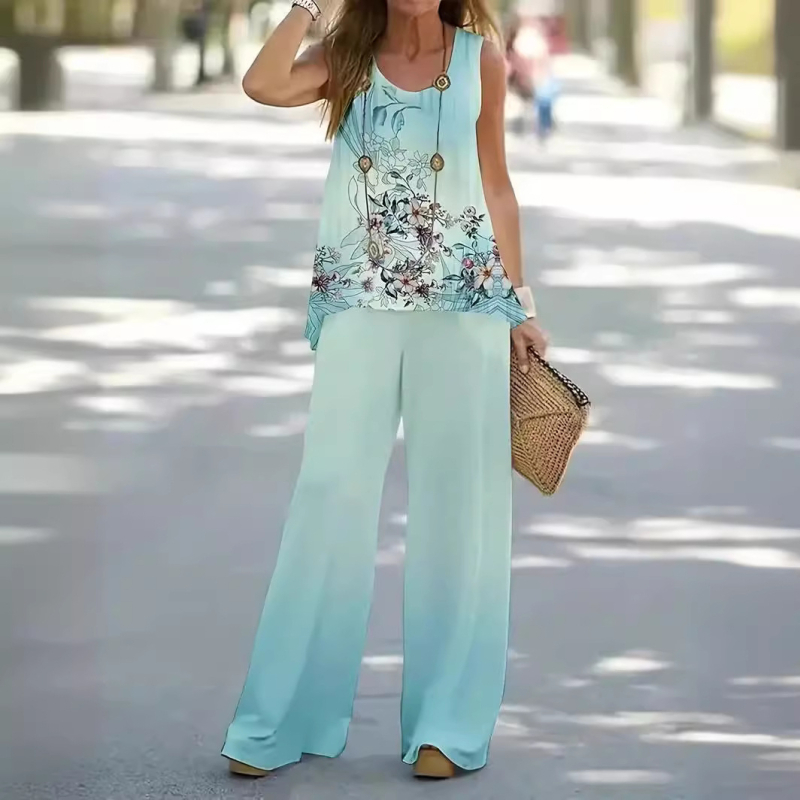 Új, lezser, divatos, kerek nyakú mellény, nadrág szett, ujjatlan felső, 3D növényi digitális nyomtatással, gyári egyenes hajjal