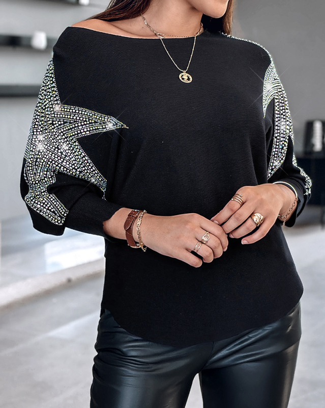 Top de lână cu mânecă de liliac și diamant colorat cu stea cu cinci colțuri, stil independent, site european și american 2024, Amazon, Aliexpress