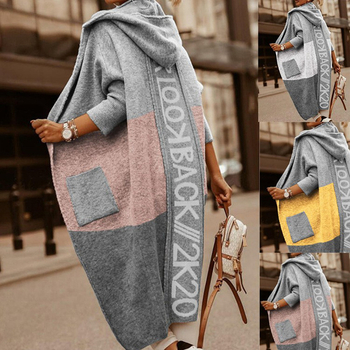 Őszi és téli Amazon női pulóver, európai és amerikai színes blokkos zsebes nadrág, személyre szabott betűs kapucnis hosszú kardigán, kötött kabát nőknek