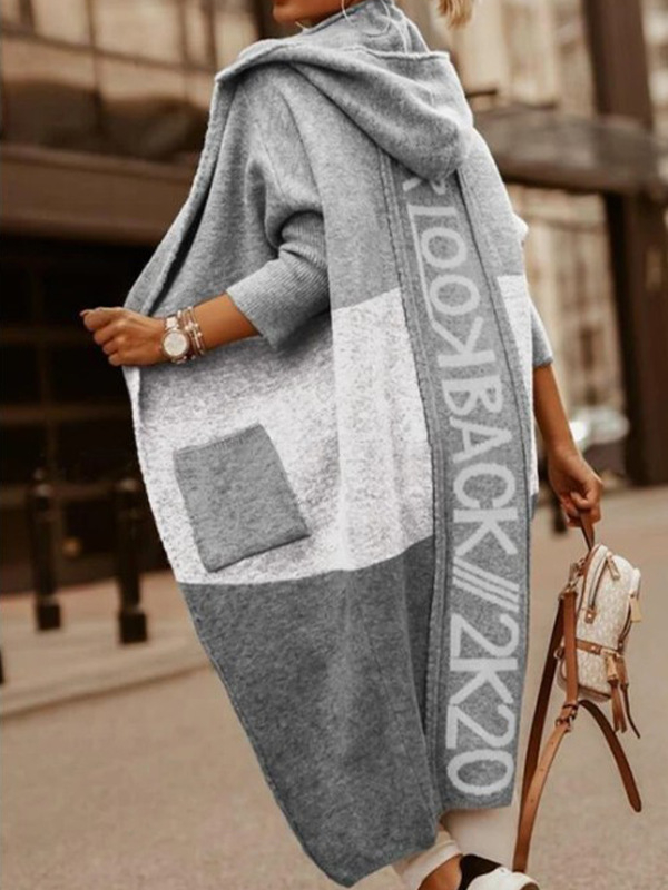 Őszi és téli Amazon női pulóver, európai és amerikai színes blokkos zsebes nadrág, személyre szabott betűs kapucnis hosszú kardigán, kötött kabát nőknek