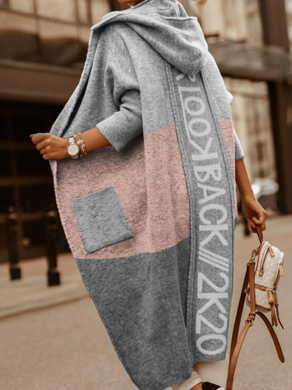 Őszi és téli Amazon női pulóver, európai és amerikai színes blokkos zsebes nadrág, személyre szabott betűs kapucnis hosszú kardigán, kötött kabát nőknek