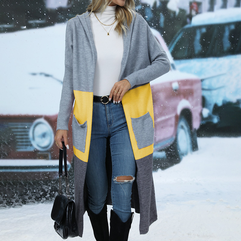 Őszi és téli Amazon női pulóver, európai és amerikai színes blokkos zsebes nadrág, személyre szabott betűs kapucnis hosszú kardigán, kötött kabát nőknek