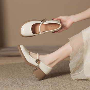 Γυναικεία παπούτσια Mary Jane με στρογγυλή μύτη, λουστρίνι, καλοκαίρι και φθινόπωρο 2024, άνετα, με χοντρό τακούνι, ρηχό πάνω μέρος, μονόστρωτα παπούτσια, μοκασίνια με μεσαίο τακούνι