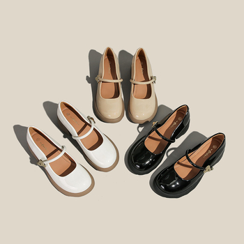Γυναικεία παπούτσια Mary Jane με στρογγυλή μύτη, λουστρίνι, καλοκαίρι και φθινόπωρο 2024, άνετα, με χοντρό τακούνι, ρηχό πάνω μέρος, μονόστρωτα παπούτσια, μοκασίνια με μεσαίο τακούνι