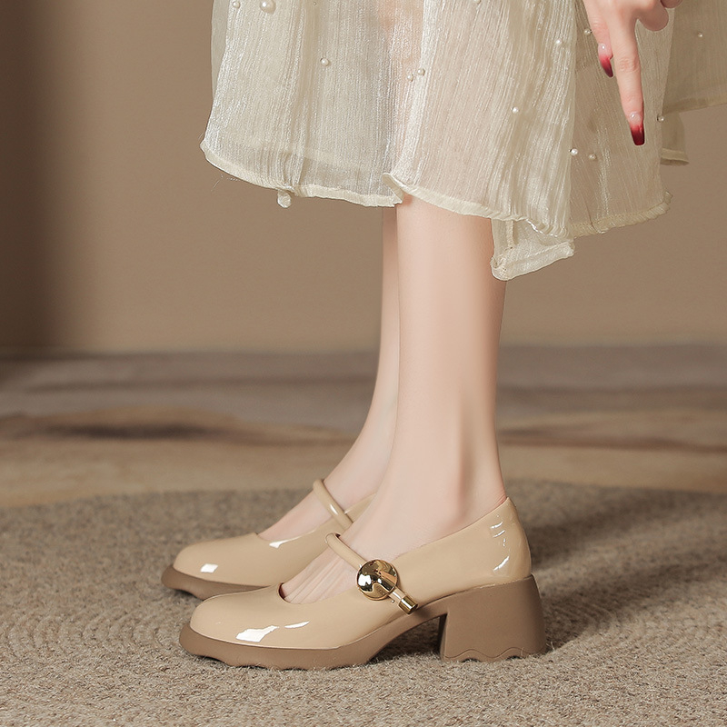 Γυναικεία παπούτσια Mary Jane με στρογγυλή μύτη, λουστρίνι, καλοκαίρι και φθινόπωρο 2024, άνετα, με χοντρό τακούνι, ρηχό πάνω μέρος, μονόστρωτα παπούτσια, μοκασίνια με μεσαίο τακούνι