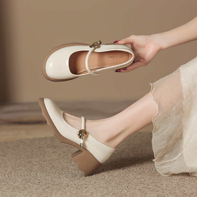 Γυναικεία παπούτσια Mary Jane με στρογγυλή μύτη, λουστρίνι, καλοκαίρι και φθινόπωρο 2024, άνετα, με χοντρό τακούνι, ρηχό πάνω μέρος, μονόστρωτα παπούτσια, μοκασίνια με μεσαίο τακούνι