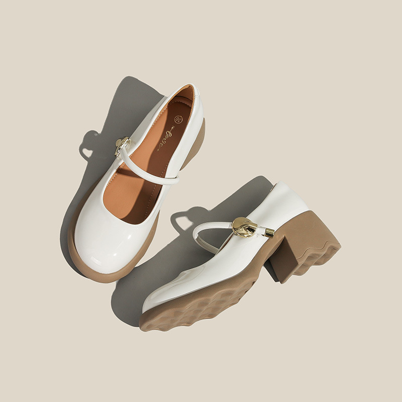 Γυναικεία παπούτσια Mary Jane με στρογγυλή μύτη, λουστρίνι, καλοκαίρι και φθινόπωρο 2024, άνετα, με χοντρό τακούνι, ρηχό πάνω μέρος, μονόστρωτα παπούτσια, μοκασίνια με μεσαίο τακούνι