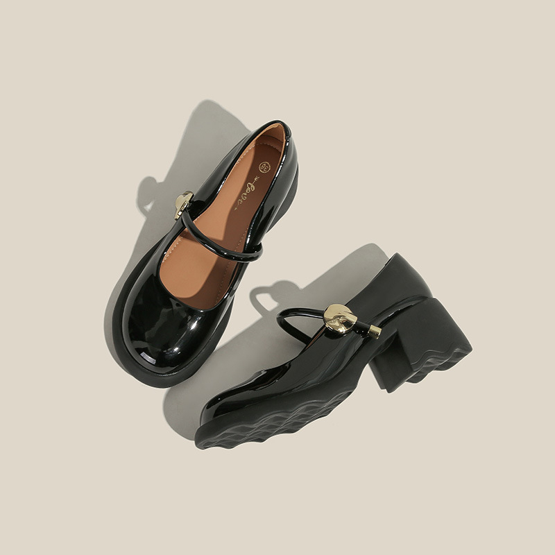 Γυναικεία παπούτσια Mary Jane με στρογγυλή μύτη, λουστρίνι, καλοκαίρι και φθινόπωρο 2024, άνετα, με χοντρό τακούνι, ρηχό πάνω μέρος, μονόστρωτα παπούτσια, μοκασίνια με μεσαίο τακούνι