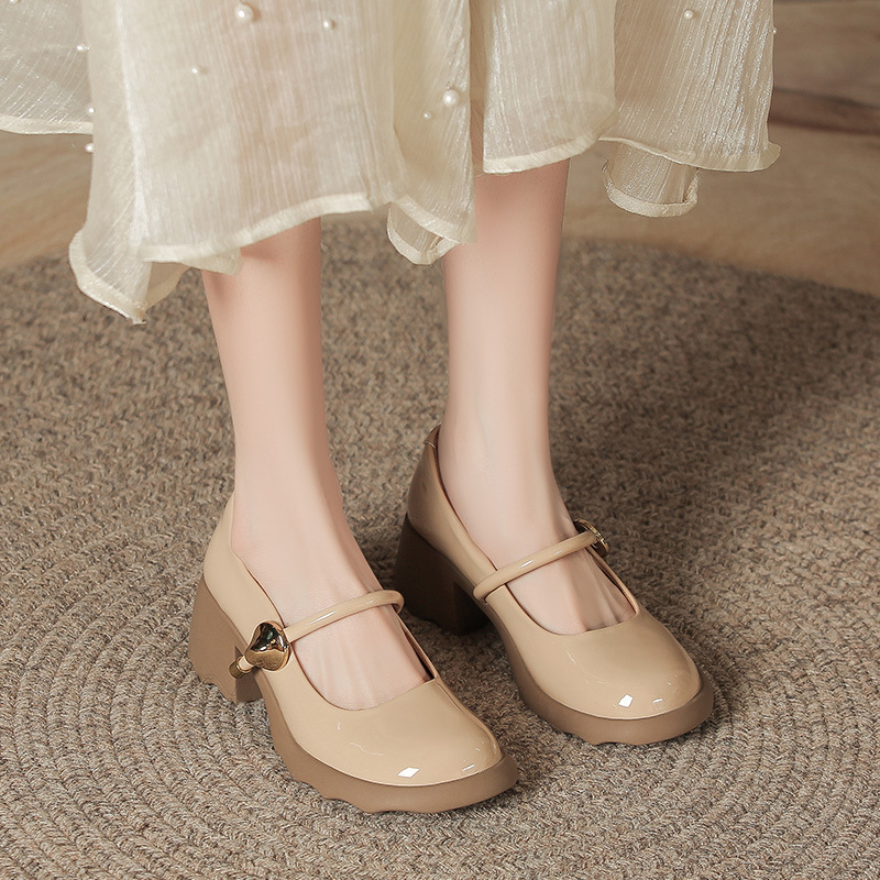 Γυναικεία παπούτσια Mary Jane με στρογγυλή μύτη, λουστρίνι, καλοκαίρι και φθινόπωρο 2024, άνετα, με χοντρό τακούνι, ρηχό πάνω μέρος, μονόστρωτα παπούτσια, μοκασίνια με μεσαίο τακούνι