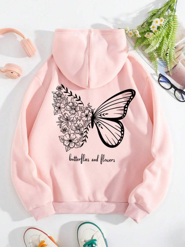 Butterfly & Slogan Graphic aukliņas termo oderēts kapučjakas krekls