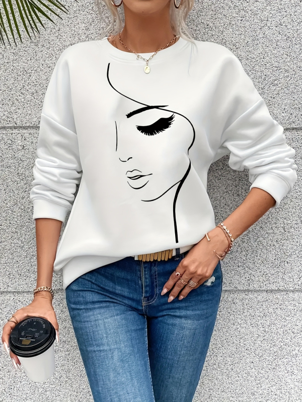 Európai és amerikai őszi és téli kerek nyakú új hosszú ujjú, kényelmes, egyszerű arcmintás, hosszú ujjú, kerek nyakú, hétköznapi női ruházat