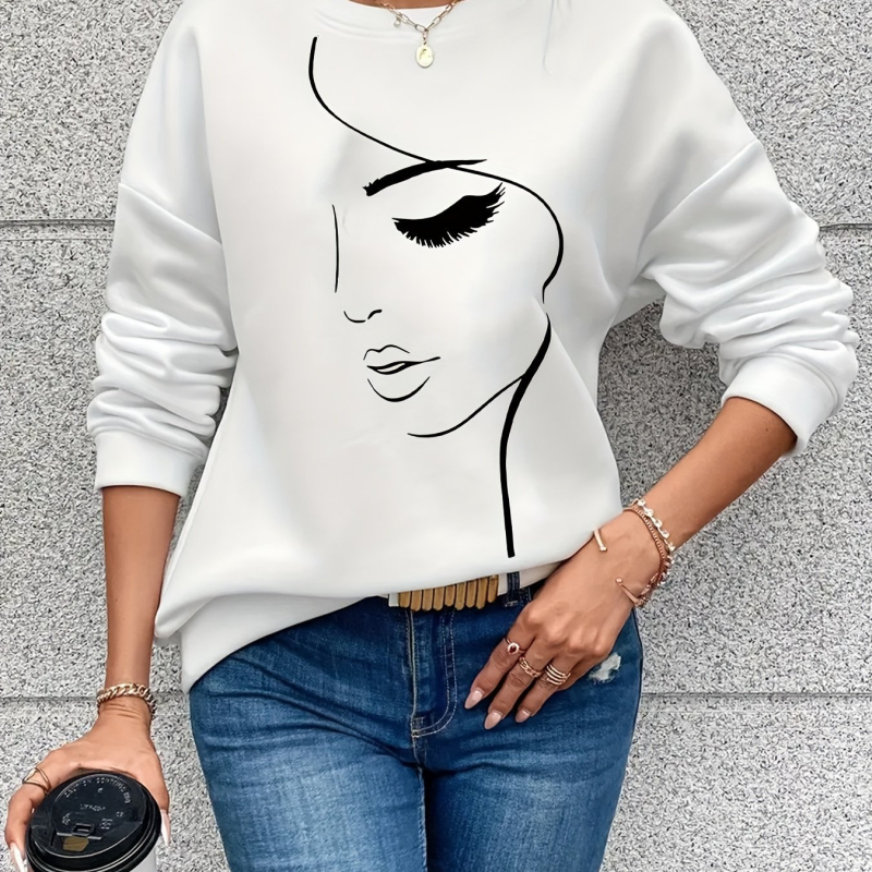 Európai és amerikai őszi és téli kerek nyakú új hosszú ujjú, kényelmes, egyszerű arcmintás, hosszú ujjú, kerek nyakú, hétköznapi női ruházat