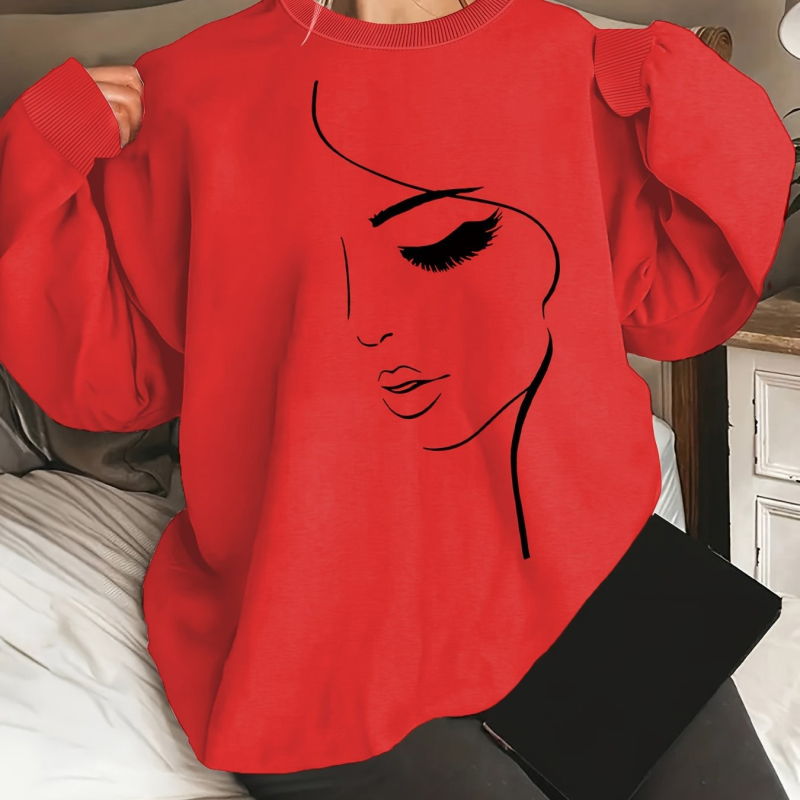 Európai és amerikai őszi és téli kerek nyakú új hosszú ujjú, kényelmes, egyszerű arcmintás, hosszú ujjú, kerek nyakú, hétköznapi női ruházat