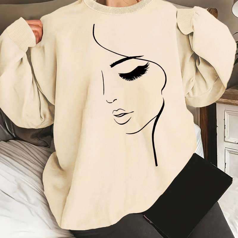 Európai és amerikai őszi és téli kerek nyakú új hosszú ujjú, kényelmes, egyszerű arcmintás, hosszú ujjú, kerek nyakú, hétköznapi női ruházat