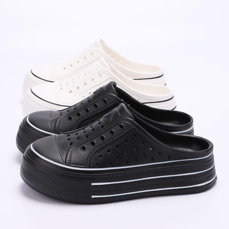 Lyukas cipők Női nyári új stílusú bebújós félig bebújós magasított vastag talpú szandál diákoknak fehér cipők női papucsok